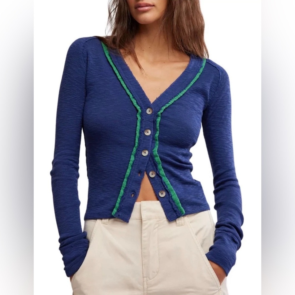 Free People We The Free Tipton Cardigan Button Down Slim Relaxed Blue Lime Green